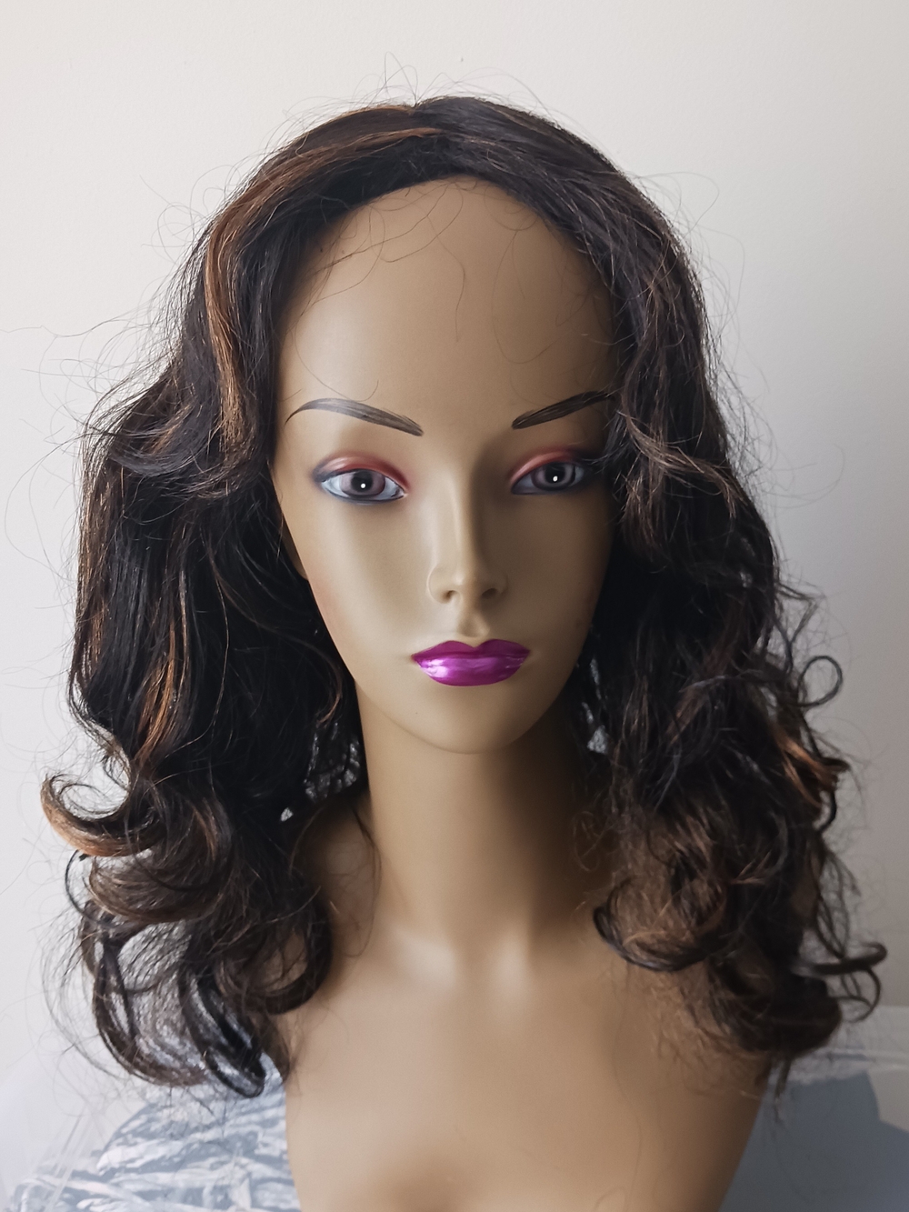 Layered Medium Curl Half Wig in Dark Brown with Caramel Highlights, Synthetic